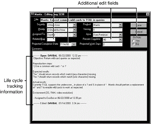 The Edit window allows you to add more information to an existing bug entry.