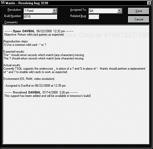 The Resolving dialog box is typically used by the programmer to record information regarding the bug fix.