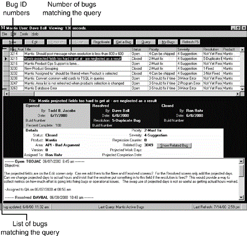 The results of a query are returned as a list of bugs in the bug database's main window.