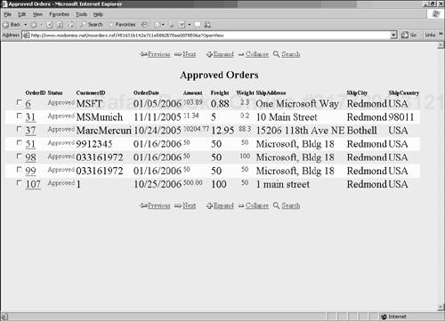 The Approved Orders page on the Lotus Domino Web server.