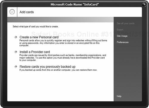 The InfoCard Add Cards dialog.