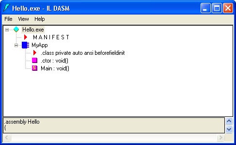 ILDASM displaying the contents of Hello.exe.