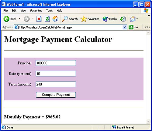 Web-based mortgage payment calculator.