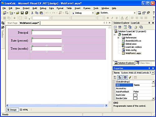 The LoanCalc form after adding TextBox controls.