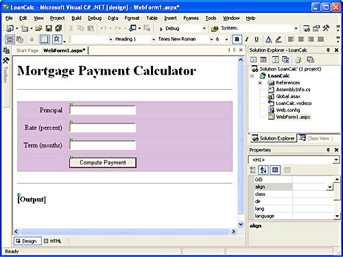 The LoanCalc form after adding HTML tags.