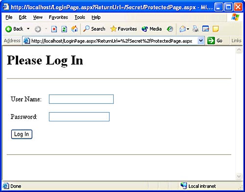 Forms authentication login form.