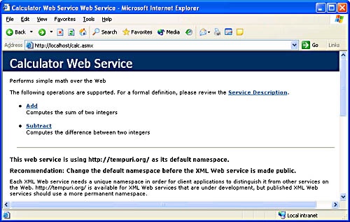 Calc.asmx as seen in Internet Explorer.