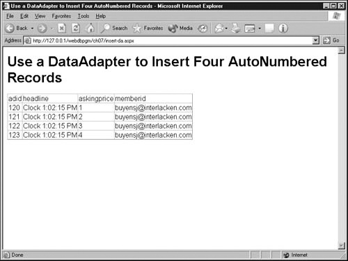 Use a DataAdapter to insert four AutoNumbered records