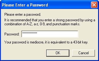 An example of a password entry dialog box informing the user of the relative strength of the password the user entered.