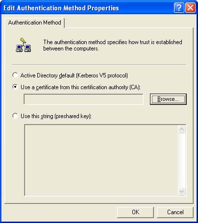 The IPSec authentication methods dialog box showing the option to use a certificate rather than use a network-based key exchange mechanism.