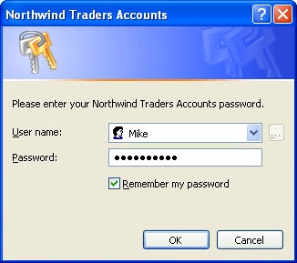 A Credential Manager dialog box with a prepopulated username and password.