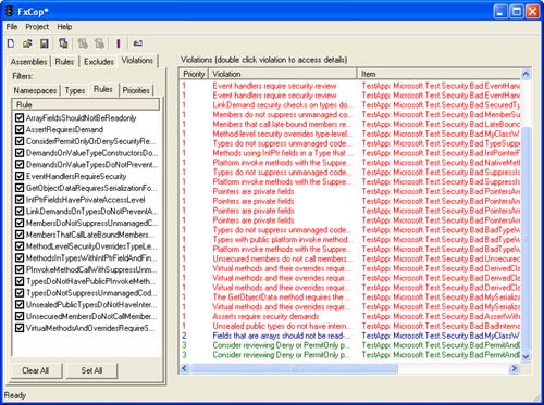 Example output from FxCop showing .NET Framework Design Guideline deviations.