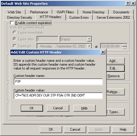 Setting a compact policy in the Internet Information Services (IIS) admin tool.