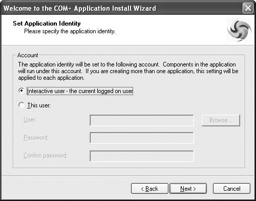 You’ll use the Set Application Identity page to determine the identity the application uses while running.