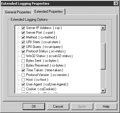 IIS extended logging properties