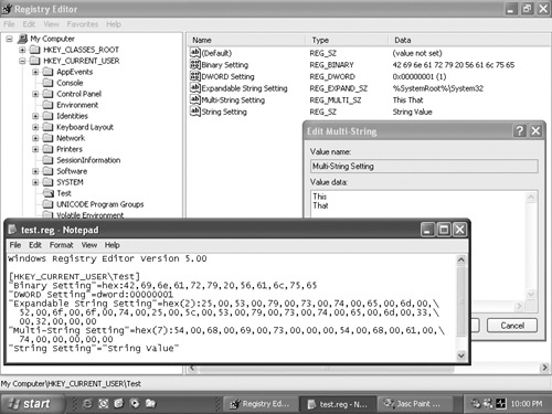 The settings in the Test key shown in the Registry Editor correspond to the data shown in Test.reg file shown in Notepad.