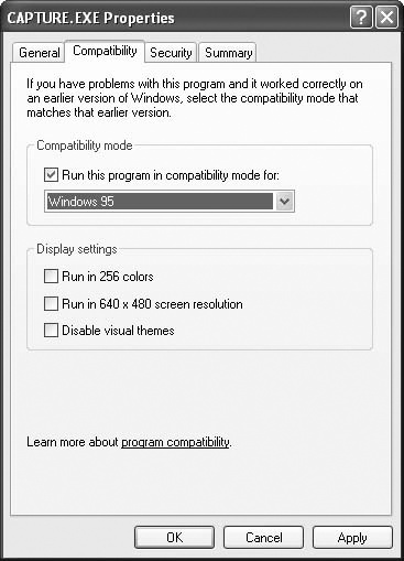 In the property sheet for an executable file, use the Compatibility tab to set the compatibility layer for the program.