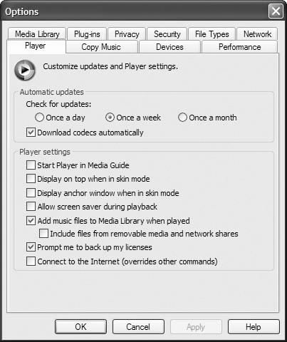 Use the Player tab to configure Media Player’s playback options.