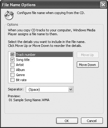 Use the File Name Options dialog box to specify the details you want in the file name assigned to each copied audio CD track.