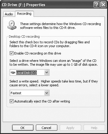 In the property sheet for a CD-R or CD-RW drive, use the Recording tab to enable and configure CD recording.