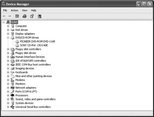 Device Manager organizes your computer’s hardware in a treelike hierarchy organized by hardware type.