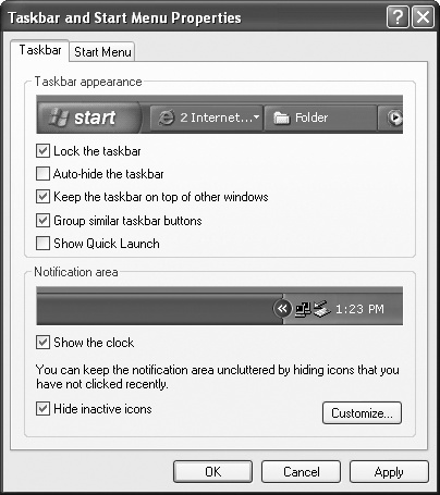 Use the Taskbar tab to set up the taskbar for improved productivity.