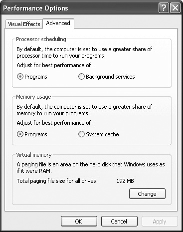 Use the Advanced tab to optimize Windows XP for programs.