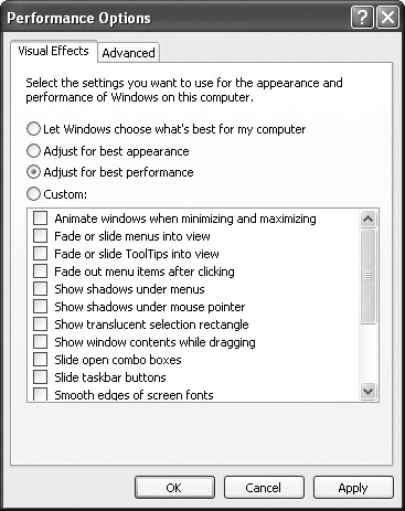 Clear the check boxes on the Visual Effects tab to improve performance.