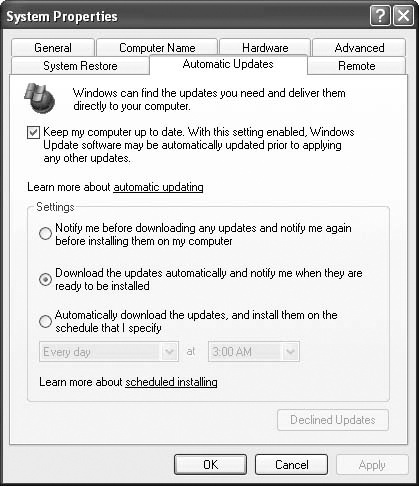 Use the Automatic Updates tab to configure Windows XP’s automatic updating.