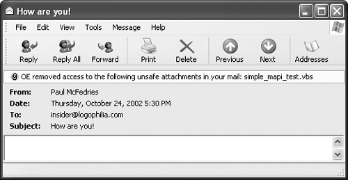 If Outlook Express detects an unsafe file attachment, it displays a notice at the top of the message to let you know that you do not have access to the file.