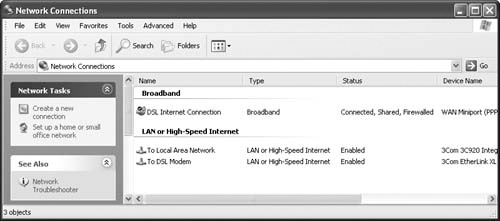 This is the Network Connections window for a typical ICS host.