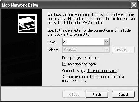 Use the Map Network Drive dialog box to assign a drive letter to a network resource.