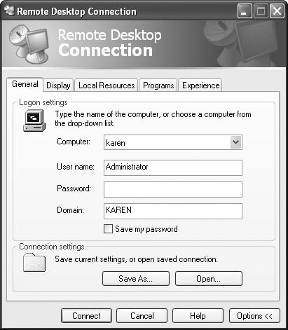 Clicking the Options button expands the dialog box so that you can customize your interaction with the remote desktop.