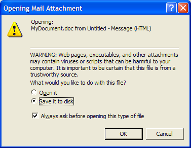 The Opening Mail Attachment warning dialog box