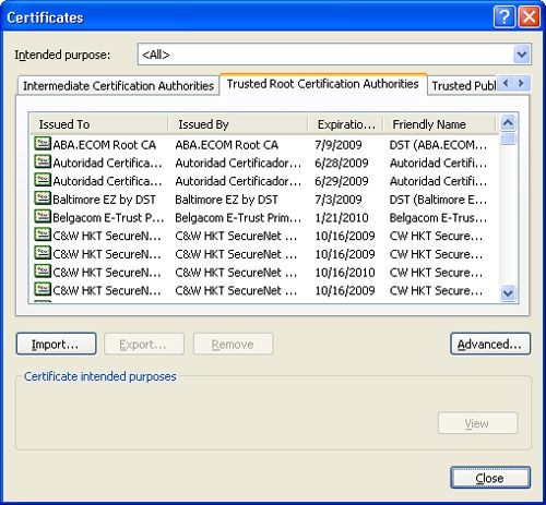 Trusted certificate authorities in Internet Explorer