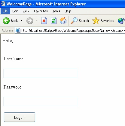 The user name and password fields injected by the attacker’s user name