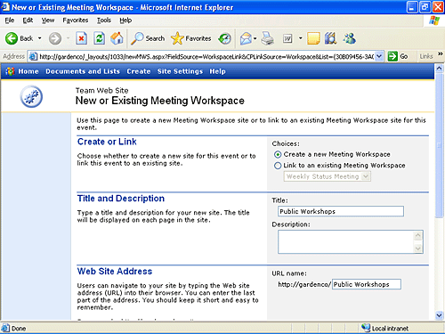 Creating a Meeting Workspace for a SharePoint Event