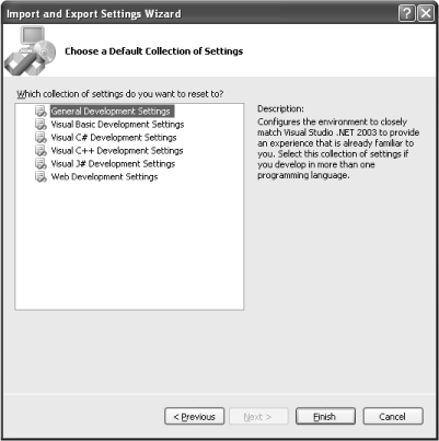 Choose from a number of different settings collections to begin to customize the IDE.