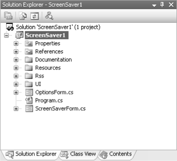 A ScreenSaver Starter Kit project in Solution Explorer