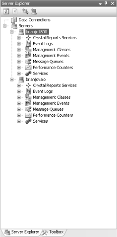 The Server Explorer window provides you with remote access to the machines you're working with.