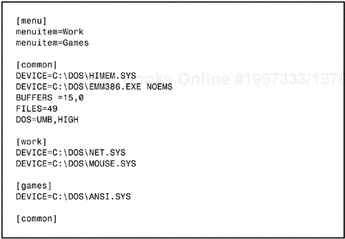 A multiple configuration CONFIG.SYS file.