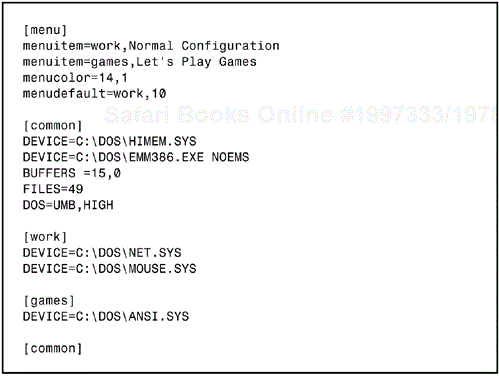 Displaying a configuration menu in color with descriptive prompts and a default configuration.