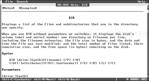 The DOS online help facility shows syntax, notes, and examples about each DOS command.