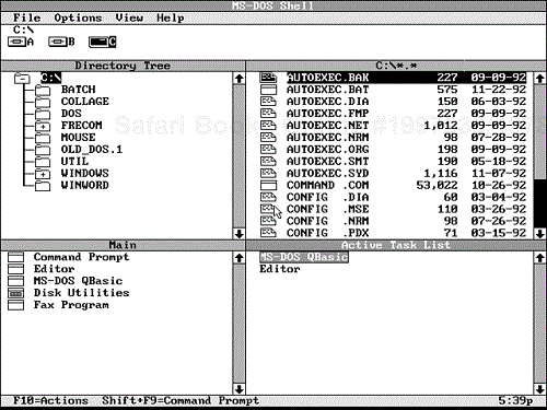 The DOS Shell window with the active task list displayed.