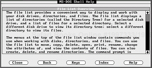 The MS-DOS Shell Help dialog box.