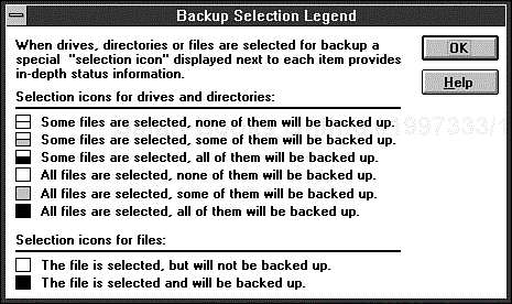 File selection legend in Microsoft Backup for Windows 3.x.