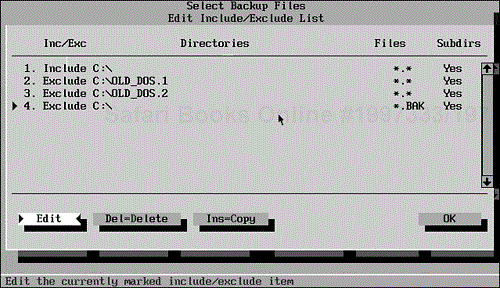 The MSBACKUP Edit Include/Exclude List.