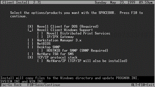 The Novell client option selection screen.