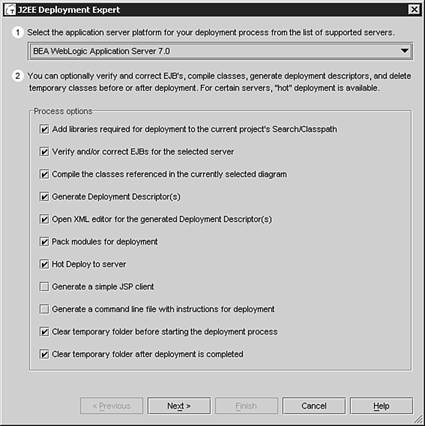 Targeting a J2EE application deployment to the WebLogic Server 7.0 using the Together ControlCenter’s J2EE Deployment Expert.