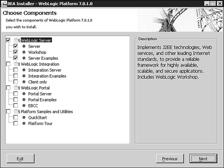 Select the WebLogic Server software components to install.